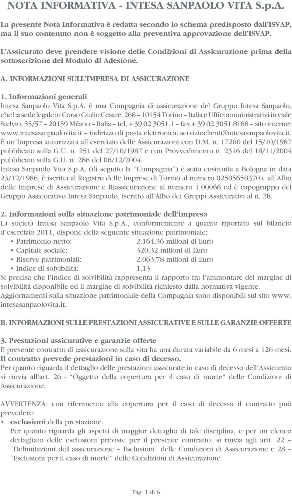 Informazioni generali Intesa Sanpaolo Vita S.p.A.