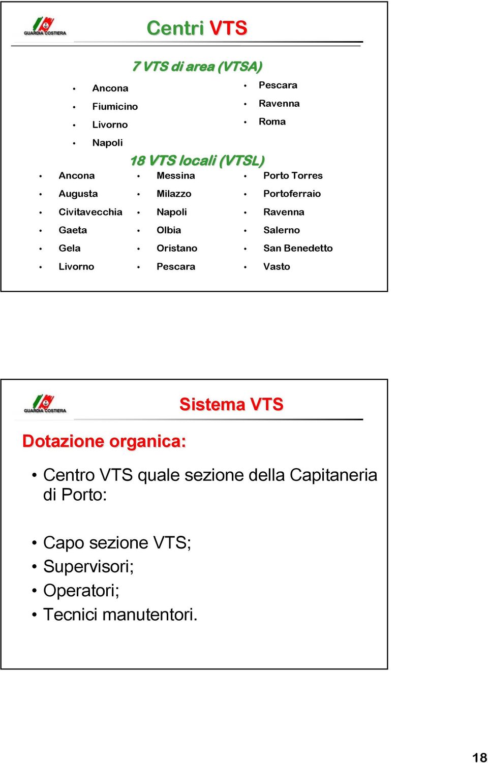 Porto Torres Portoferraio Ravenna Salerno San Benedetto Vasto Sistema VTS Dotazione organica: Centro