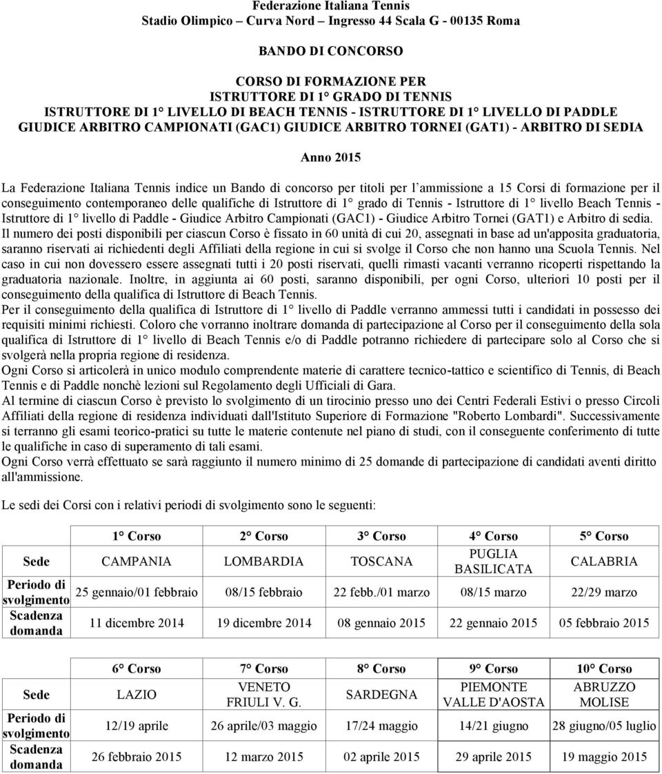 titoli per l ammissione a 15 Corsi di formazione per il conseguimento contemporaneo delle qualifiche di Istruttore di 1 grado di Tennis - Istruttore di 1 livello Beach Tennis - Istruttore di 1