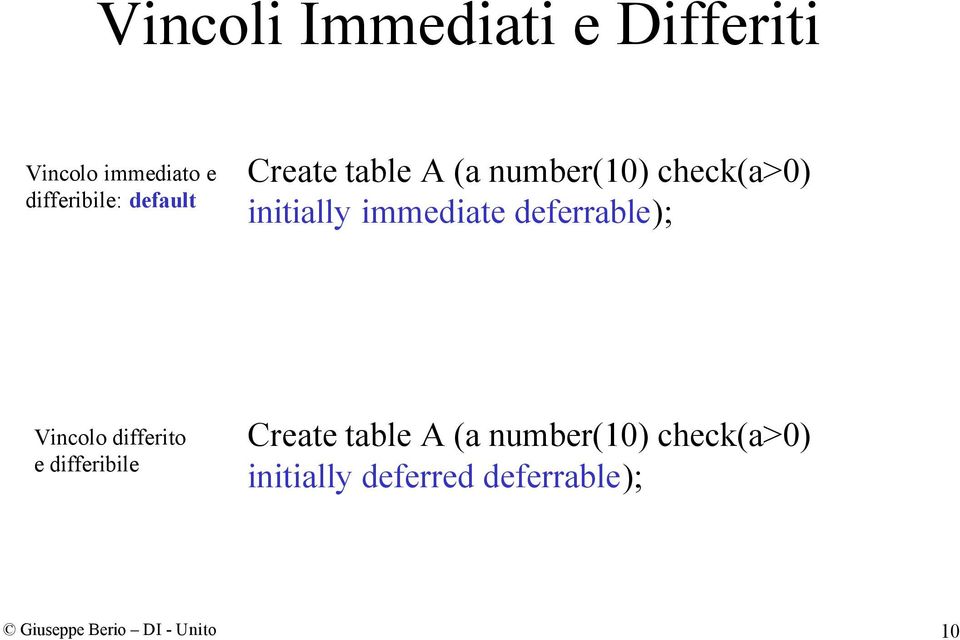 deferrable); Vincolo differito e differibile Create table A (a