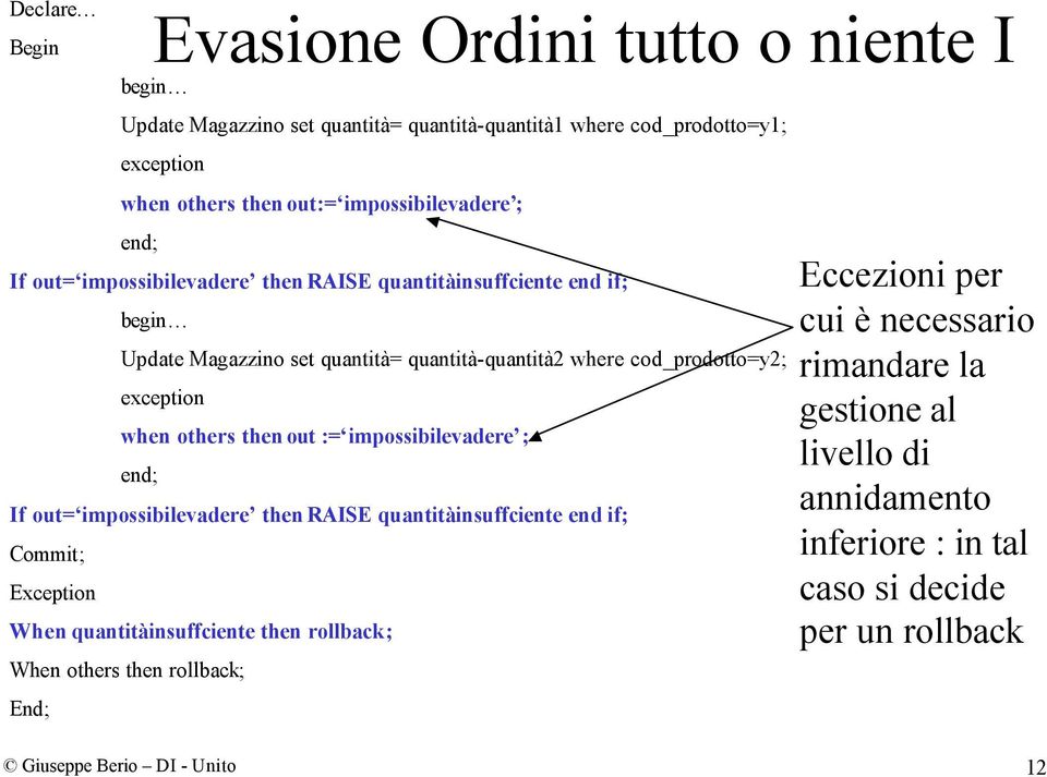 impossibilevadere ; If out= impossibilevadere then RAISE quantitàinsuffciente end if; Commit; Exception When quantitàinsuffciente then rollback; When others then