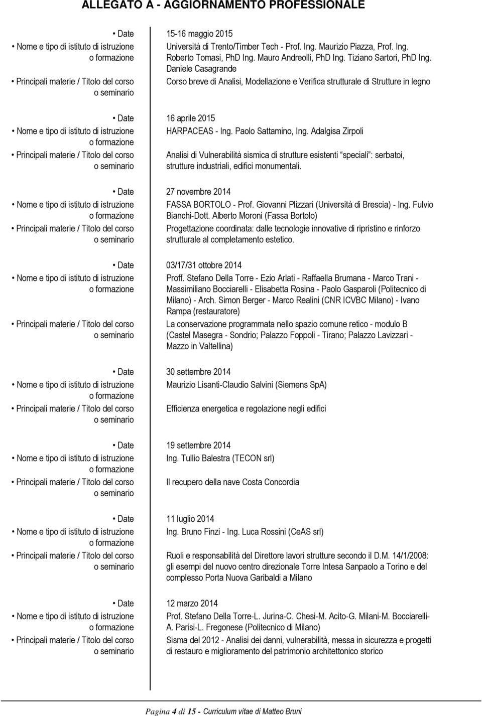 Daniele Casagrande Corso breve di Analisi, Modellazione e Verifica strutturale di Strutture in legno Date 16 aprile 2015 Nome e tipo di istituto di istruzione HARPACEAS - Ing. Paolo Sattamino, Ing.