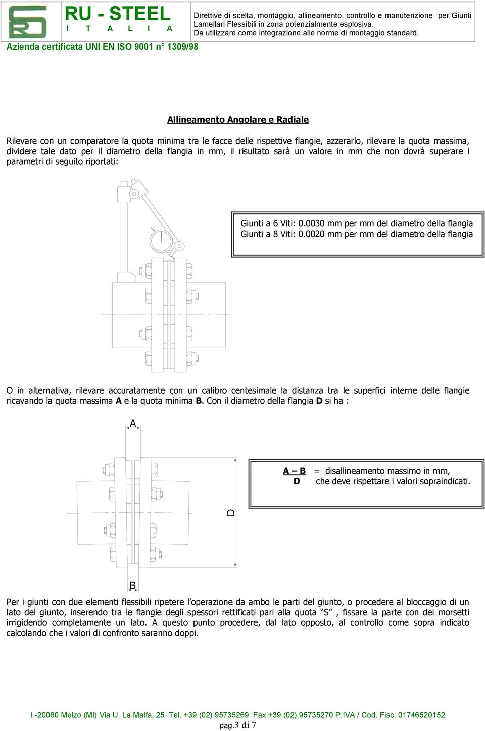 0020 mm per mm del diametro della flangia O in alternativa, rilevare accuratamente con un calibro centesimale la distanza tra le superfici interne delle flangie ricavando la quota massima A e la