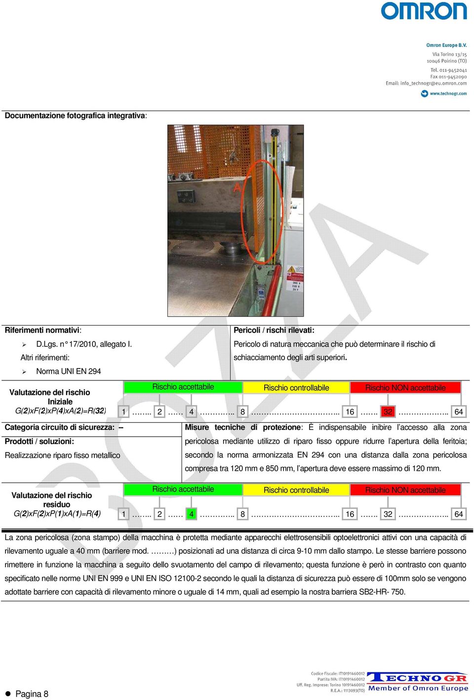 Valutazione del rischio Iniziale G(2)xF(2)xP(4)xA(2)=R(32) Categoria circuito di sicurezza: -- Prodotti / soluzioni: Realizzazione riparo fisso metallico Misure tecniche di protezione: È