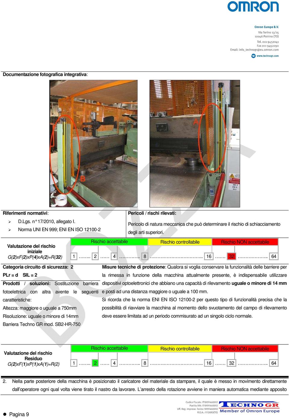 Valutazione del rischio iniziale G(2)xF(2)xP(4)xA(2)=R(32) Categoria circuito di sicurezza: 2 PLr = d SIL = 2 Prodotti / soluzioni: Sostituzione barriera fotoelettrica con altra avente le seguenti