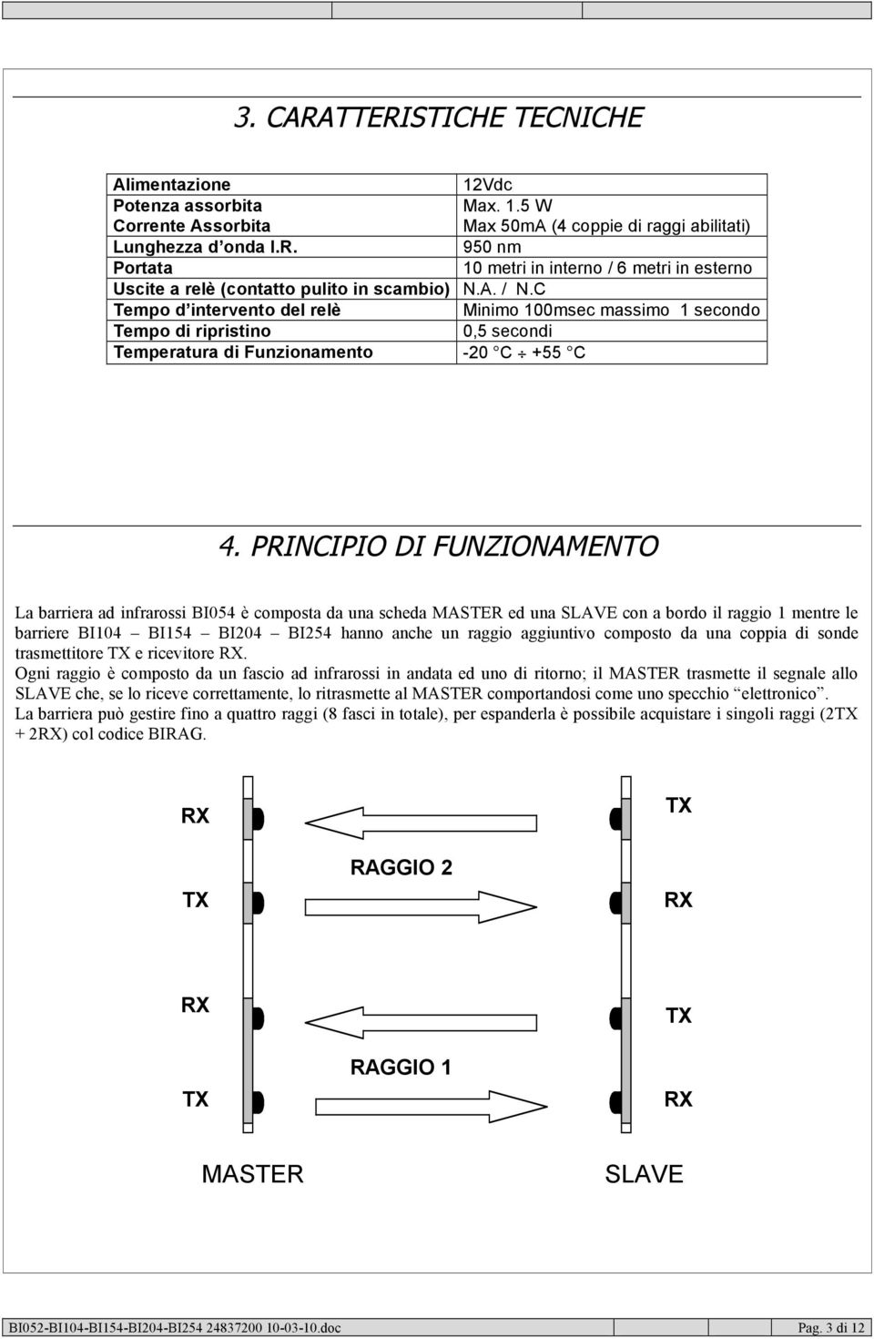 PRINCIPIO DI FUNZIONAMENTO La barriera ad infrarossi BI054 è composta da una scheda MASTER ed una SLAVE con a bordo il raggio 1 mentre le barriere BI104 BI154 BI204 BI254 hanno anche un raggio