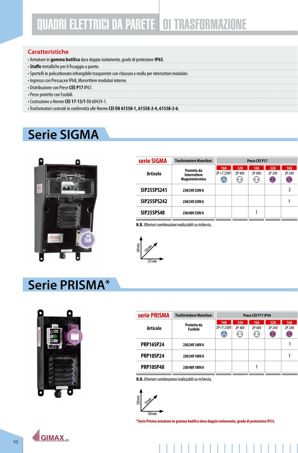 Prese protette con Fusibili. Costruzione a Norme CEI 7-/ EN 6049-. Trasformatori costruiti in conformità alle Norme CEI EN 6558-, 6558--4, 6558--6.