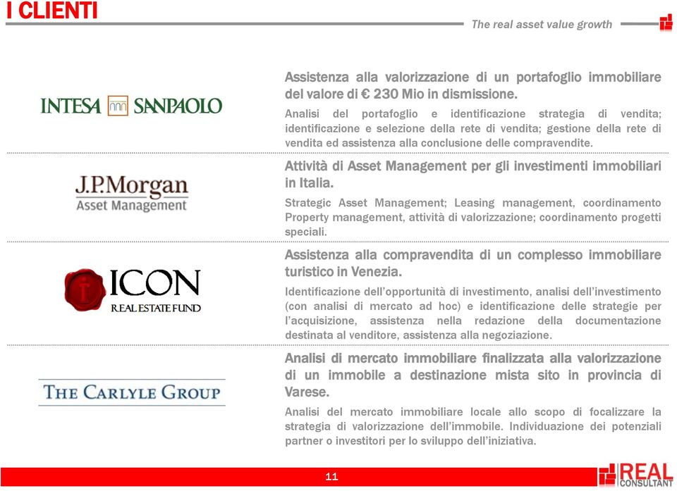 Attività di Asset Management per gli investimenti immobiliari in Italia.
