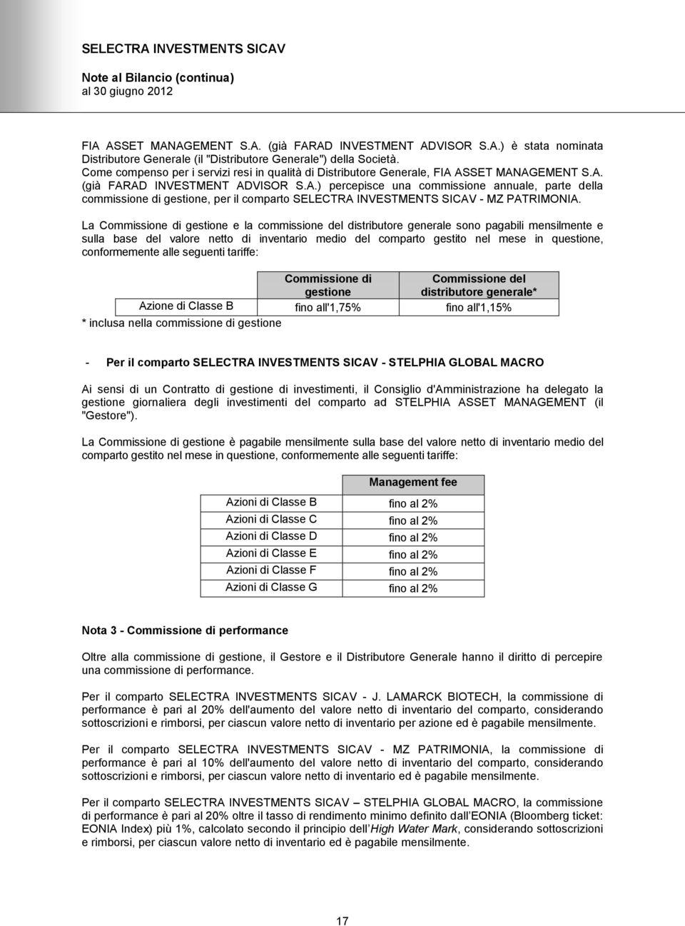 ASSET MANAGEMENT S.A. (già FARAD INVESTMENT ADVISOR S.A.) percepisce una commissione annuale, parte della commissione di gestione, per il comparto SELECTRA INVESTMENTS SICAV - MZ PATRIMONIA.