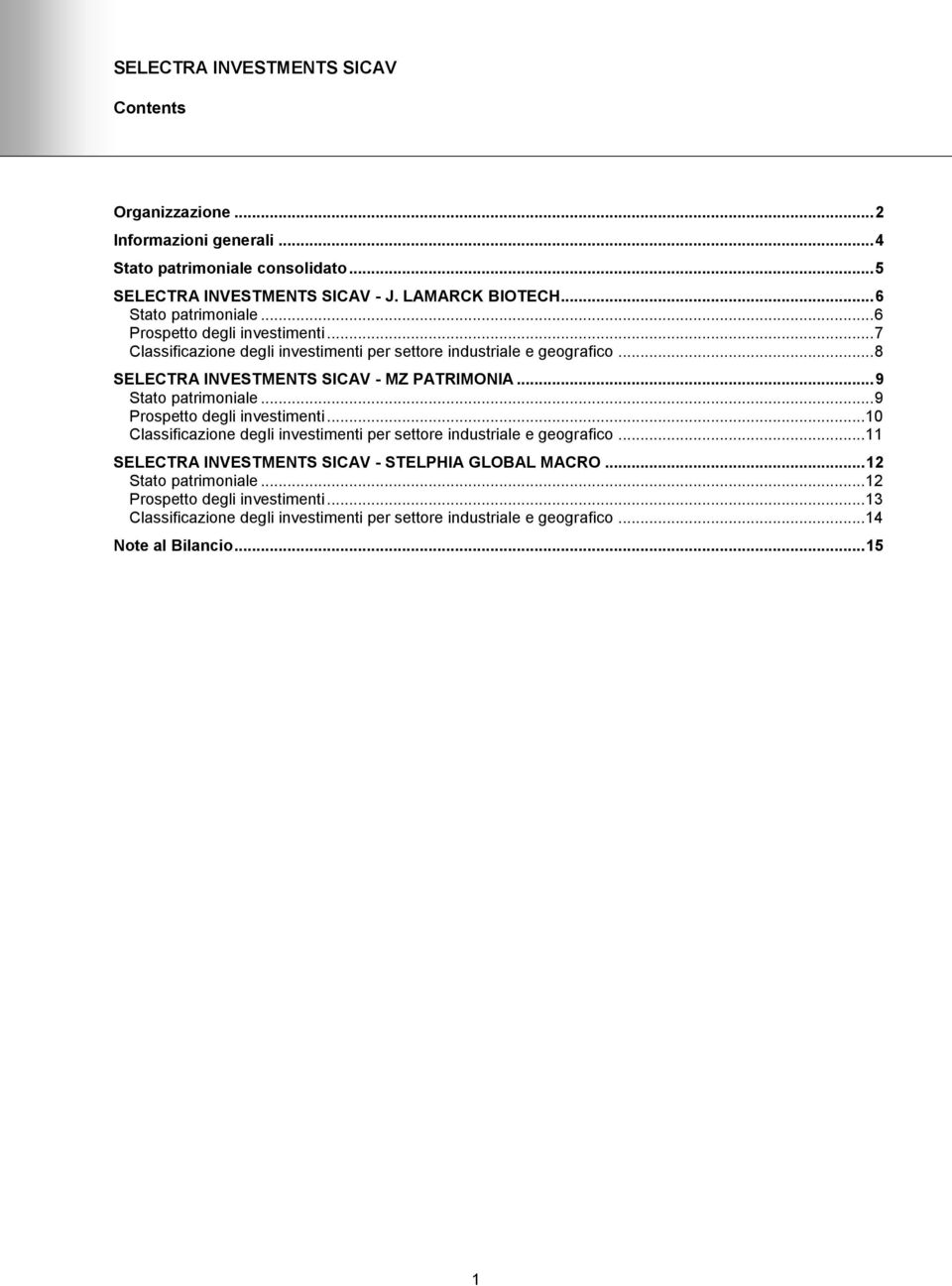 .. 8 SELECTRA INVESTMENTS SICAV - MZ PATRIMONIA... 9 Stato patrimoniale... 9 Prospetto degli investimenti.