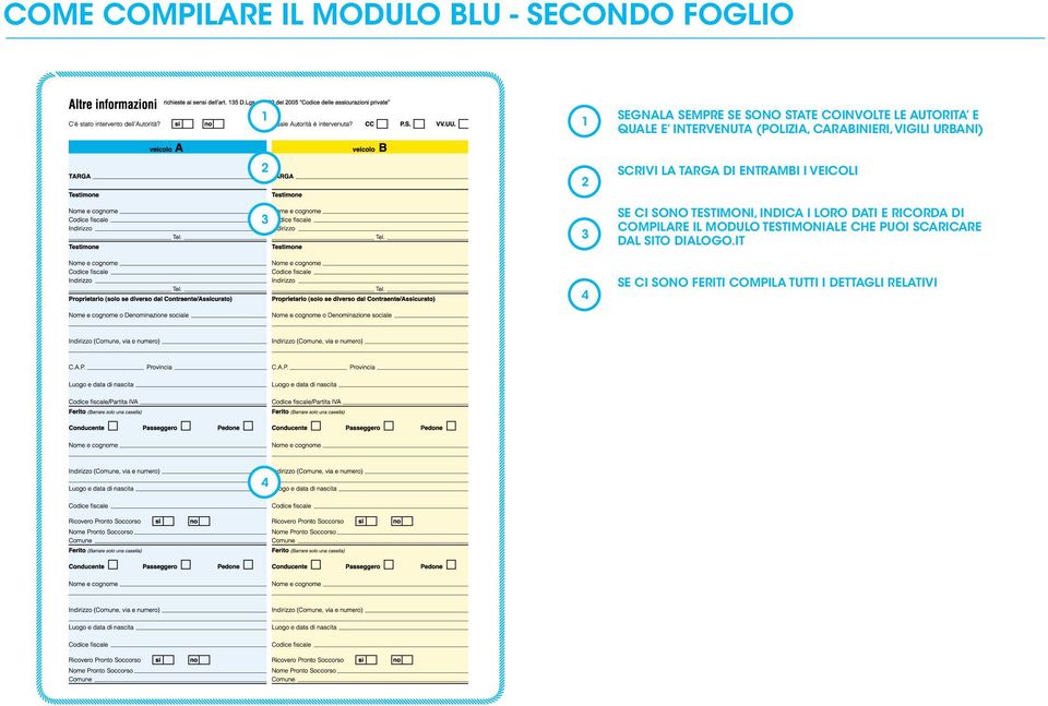 ENTRAMBI I VEICOLI SE CI SONO TESTIMONI, INDICA I LORO DATI E RICORDA DI COMPILARE IL MODULO