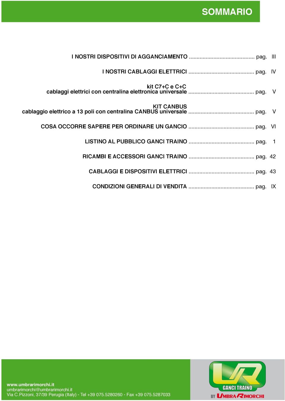 .. pag. 1 RICAMBI E ACCESSORI GANCI TRAINO... pag. 42 CABLAGGI E DISPOSITIVI ELETTRICI... pag. 43 CONDIZIONI GENERALI DI VENDITA... pag. IX www.