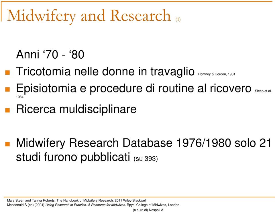 1984 Ricerca muldisciplinare Midwifery Research Database 1976/1980 solo 21 studi furono pubblicati (su 393) Mary