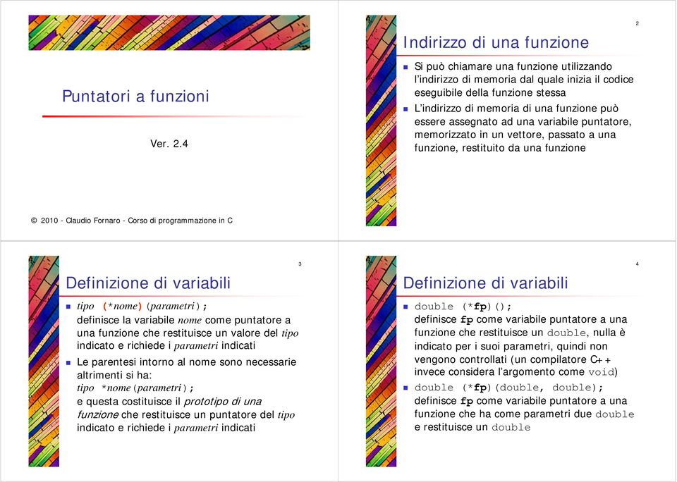 4 Si può chiamare una funzione utilizzando l indirizzo di memoria dal quale inizia il codice eseguibile della funzione stessa L indirizzo di memoria di una funzione può essere assegnato ad una