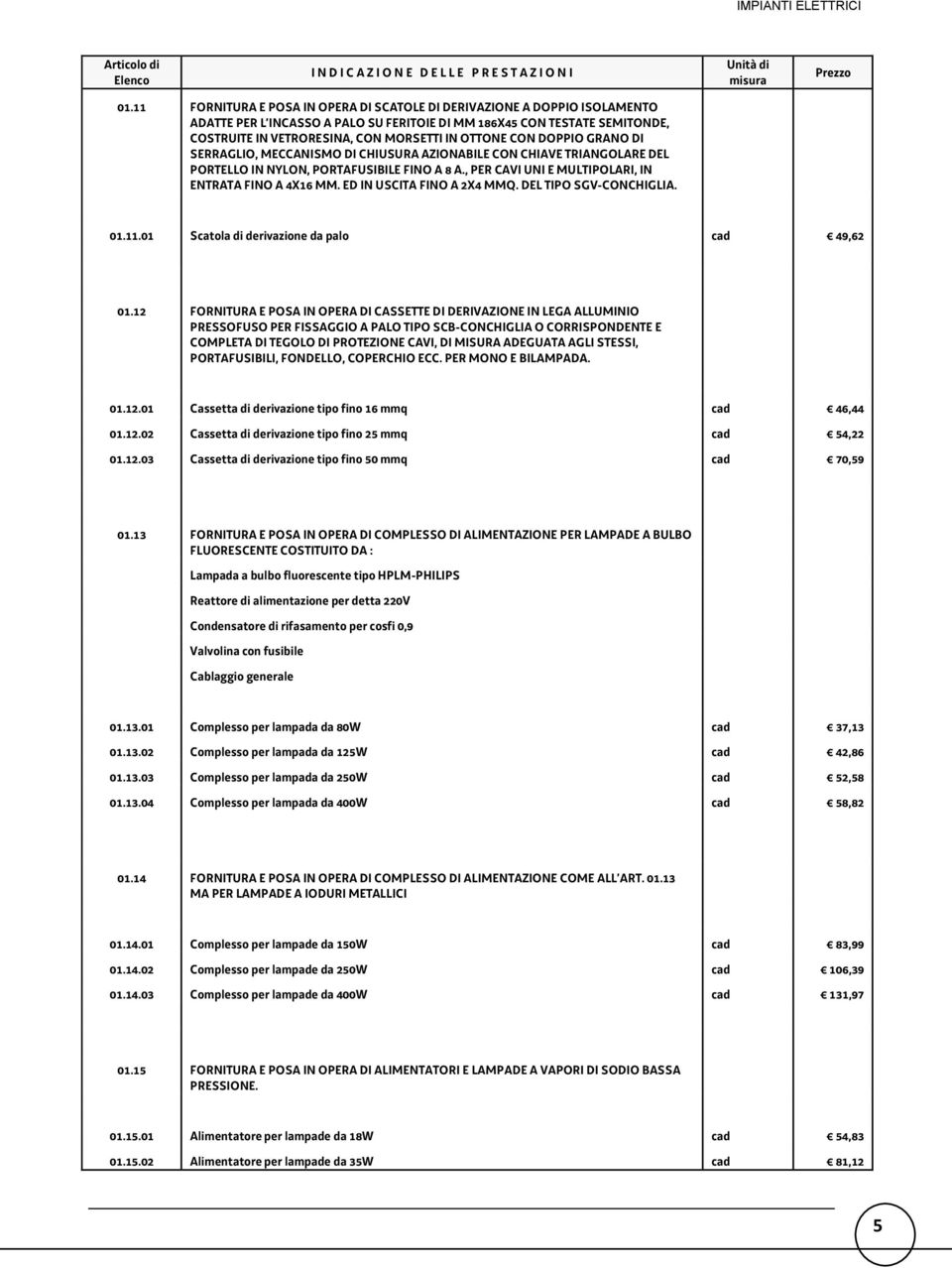 ED IN USCITA FINO A 2X4 MMQ. DEL TIPO SGV-CONCHIGLIA. 01.11.01 Scatola di derivazione da palo cad 49,62 01.