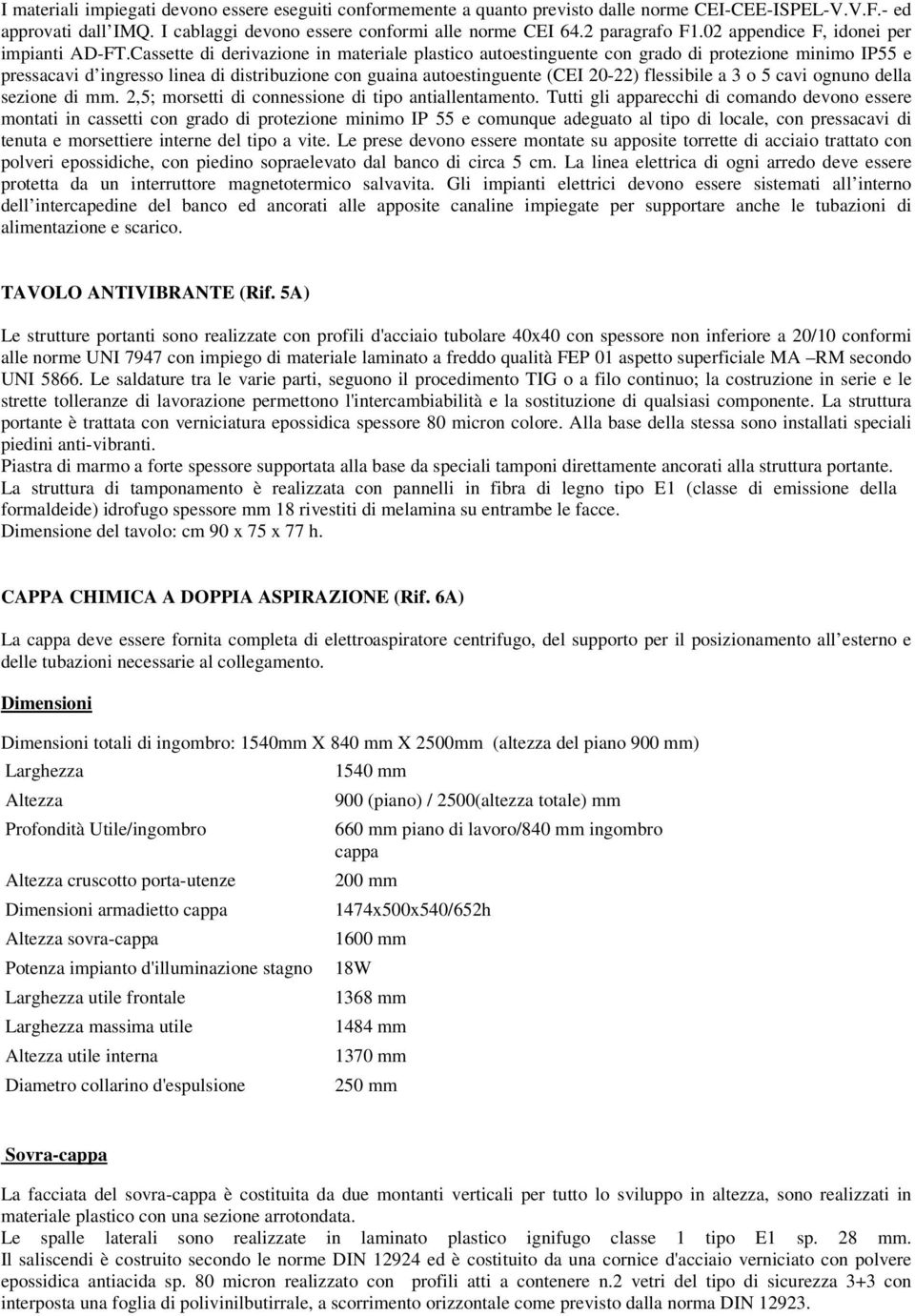 La linea elettrica di ogni arredo deve essere TAVOLO ANTIVIBRANTE (Rif.