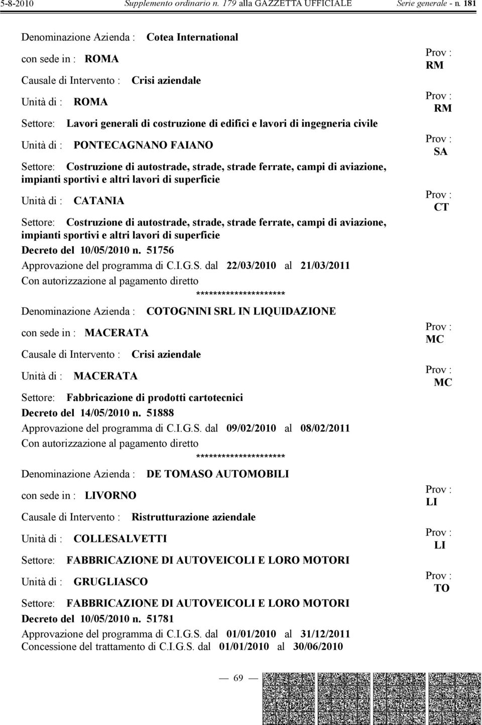 campi di aviazione, impianti sportivi e altri lavori di superficie Decreto del 10/05/2010 n. 51756 Approvazione del programma di C.I.G.S.