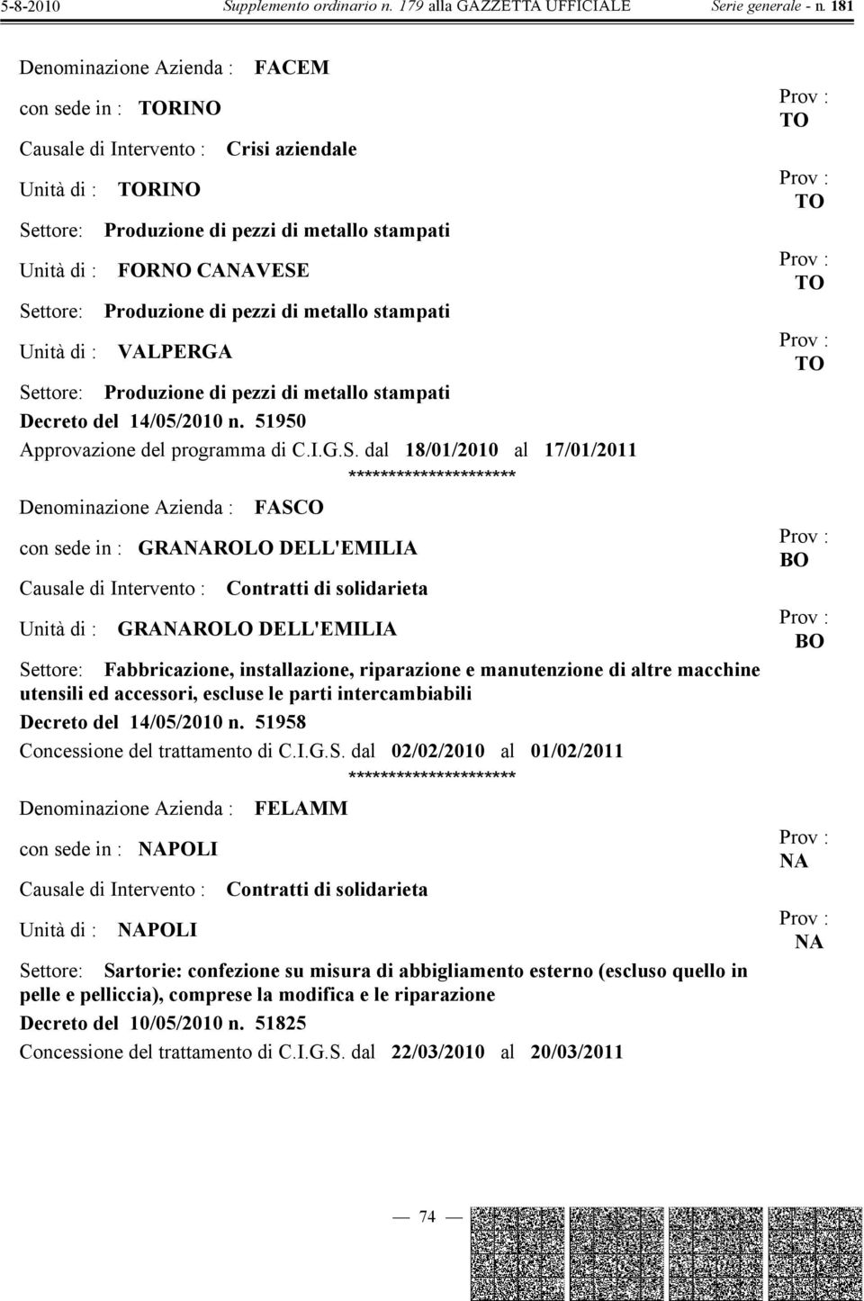 ttore: Produzione di pezzi di metallo stampati Decreto del 14/05/2010 n. 51950 Approvazione del programma di C.I.G.S.