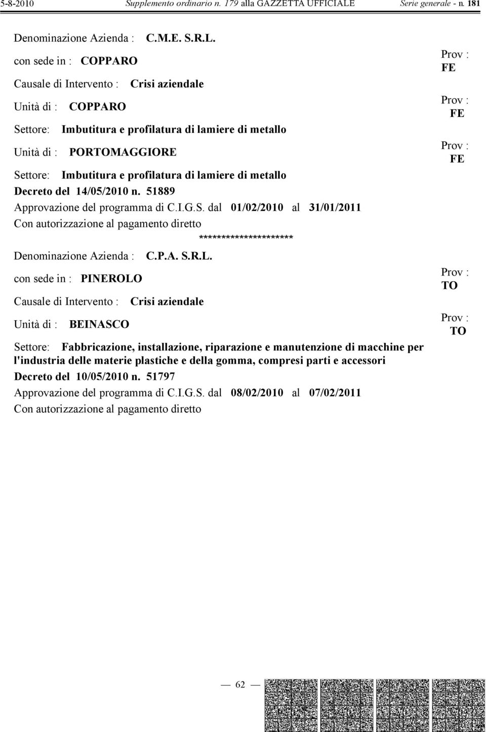 profilatura di lamiere di metallo Decreto del 14/05/2010 n. 51889 Denominazione Azienda : C.P.A. S.R.L.