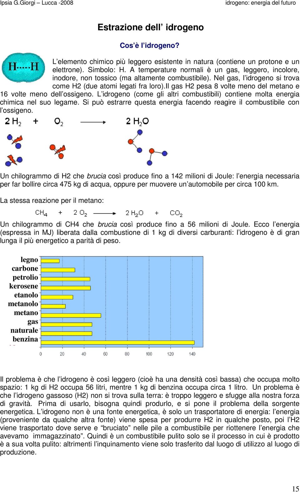 il gas H2 pesa 8 volte meno del metano e 16 volte meno dell ossigeno. L idrogeno (come gli altri combustibili) contiene molta energia chimica nel suo legame.