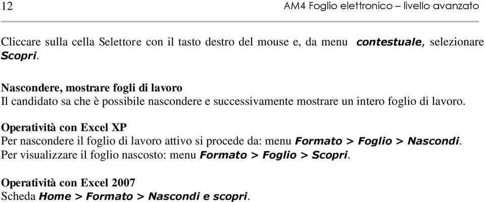 Nascondere, mostrare fogli di lavoro Il candidato sa che è possibile nascondere e successivamente mostrare un intero foglio di lavoro.