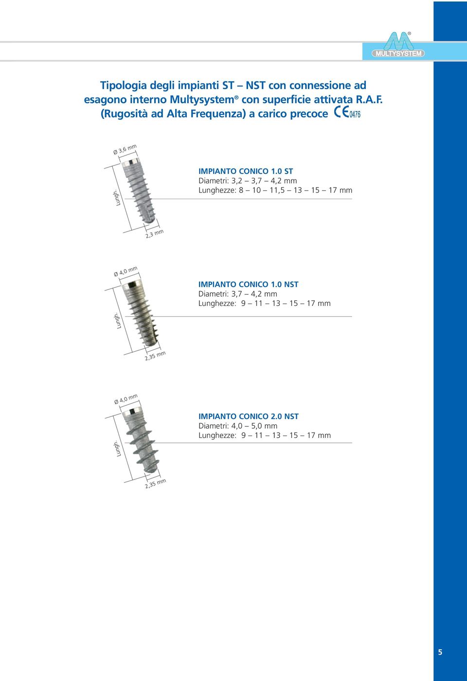 0 ST Diametri: 3,2 3,7 4,2 mm Lunghezze: 8 10 11,5 13 15 17 mm Lungh. 2,3 mm Ø 4,0 mm IMPIANTO CONICO 1.