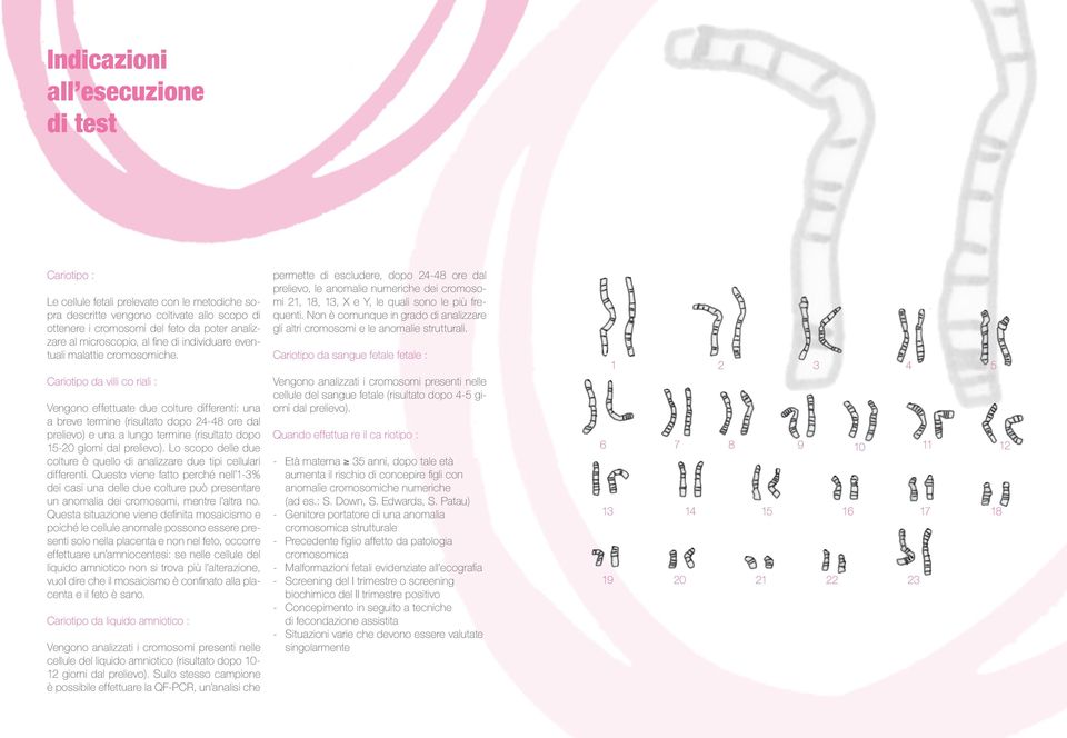 Cariotipo da villi co riali : Vengono effettuate due colture differenti: una a breve termine (risultato dopo 24-48 ore dal prelievo) e una a lungo termine (risultato dopo 15-20 giorni dal prelievo).