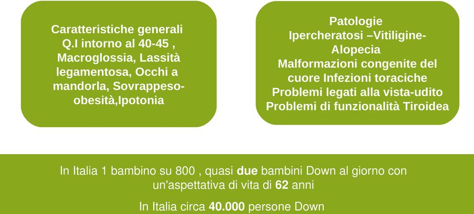 Patologie Ipercheratosi Vitiligine- Alopecia Malformazioni congenite del cuore Infezioni toraciche