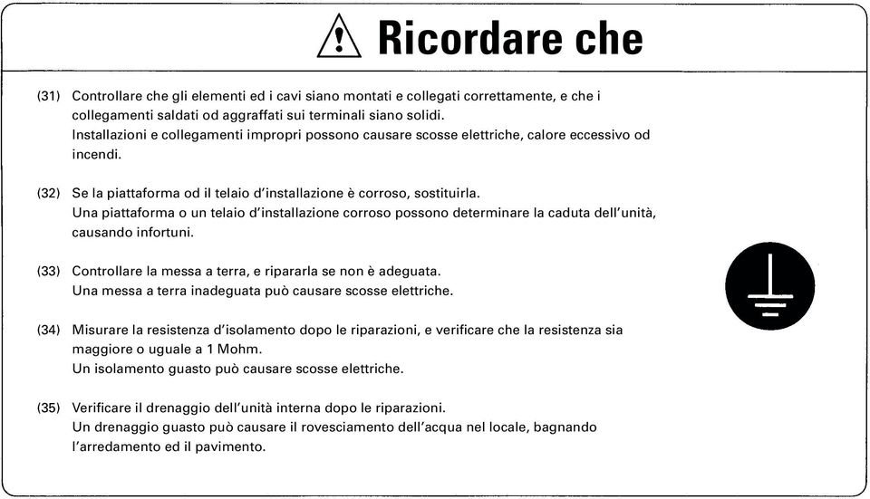 Una piattaforma o un telaio d installazione corroso possono determinare la caduta dell unità, causando infortuni. (33) Controllare la messa a terra, e ripararla se non è adeguata.