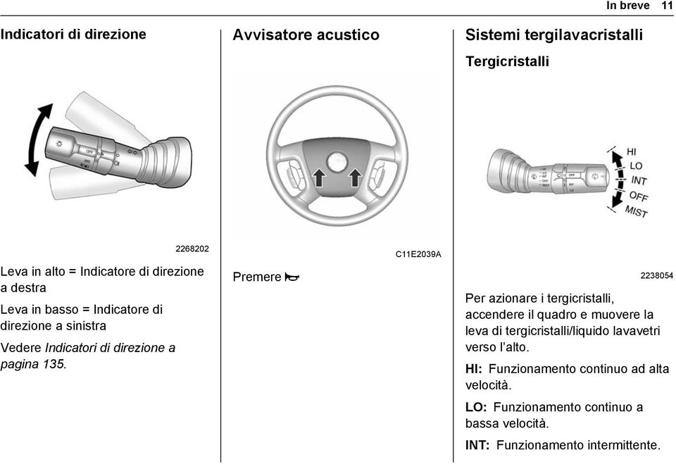 Premere Y C11E2039A 2238054 Per azionare i tergicristalli, accendere il quadro e muovere la leva di tergicristalli/liquido