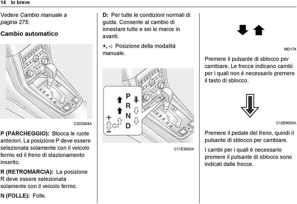 C3D3004A P (PARCHEGGIO): Blocca le ruote anteriori. La posizione P deve essere selezionata solamente con il veicolo fermo ed il freno di stazionamento inserito.