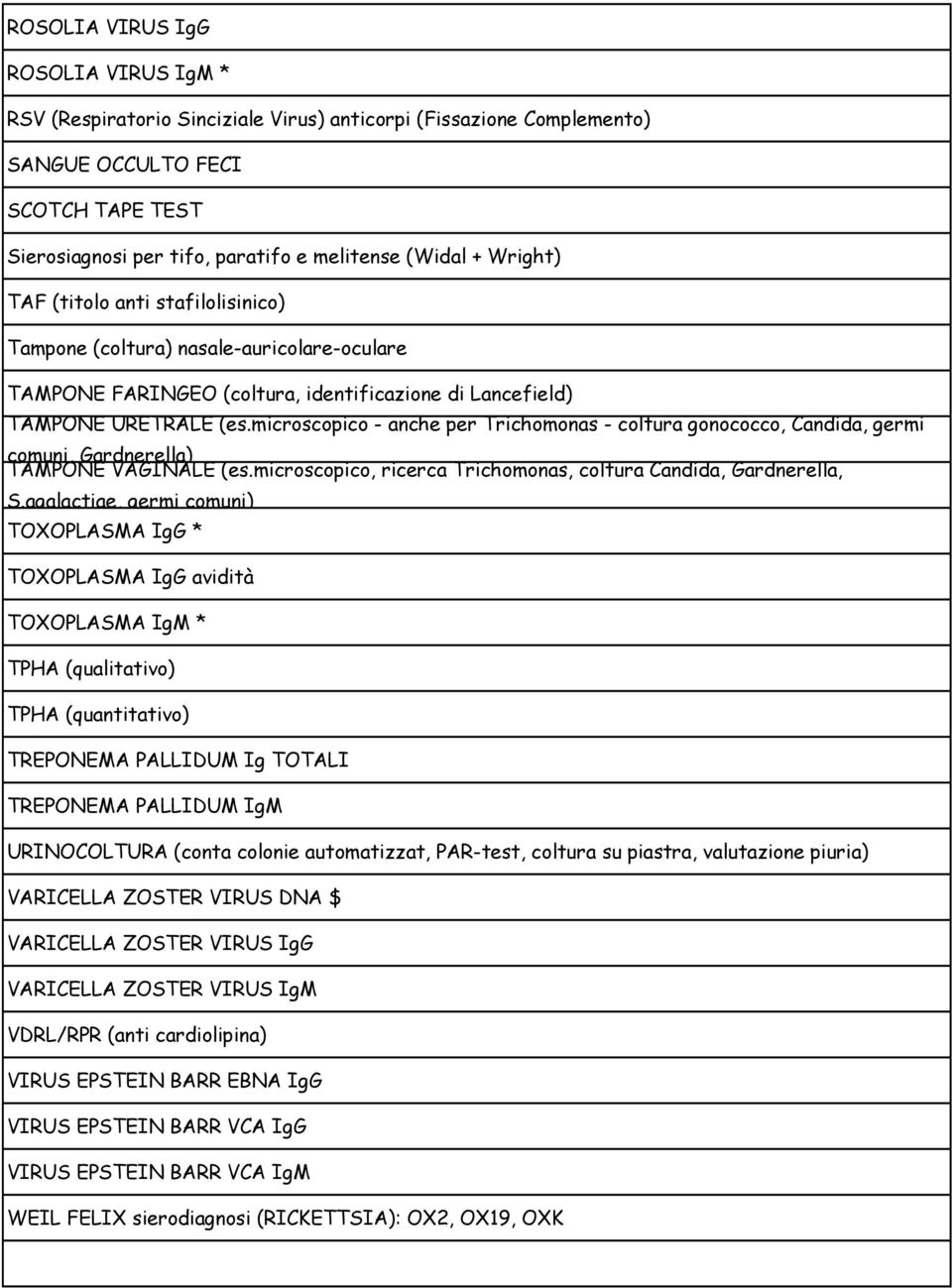 microscopico - anche per Trichomonas - coltura gonococco, Candida, germi comuni, Gardnerella) TAMPONE VAGINALE (es.microscopico, ricerca Trichomonas, coltura Candida, Gardnerella, S.