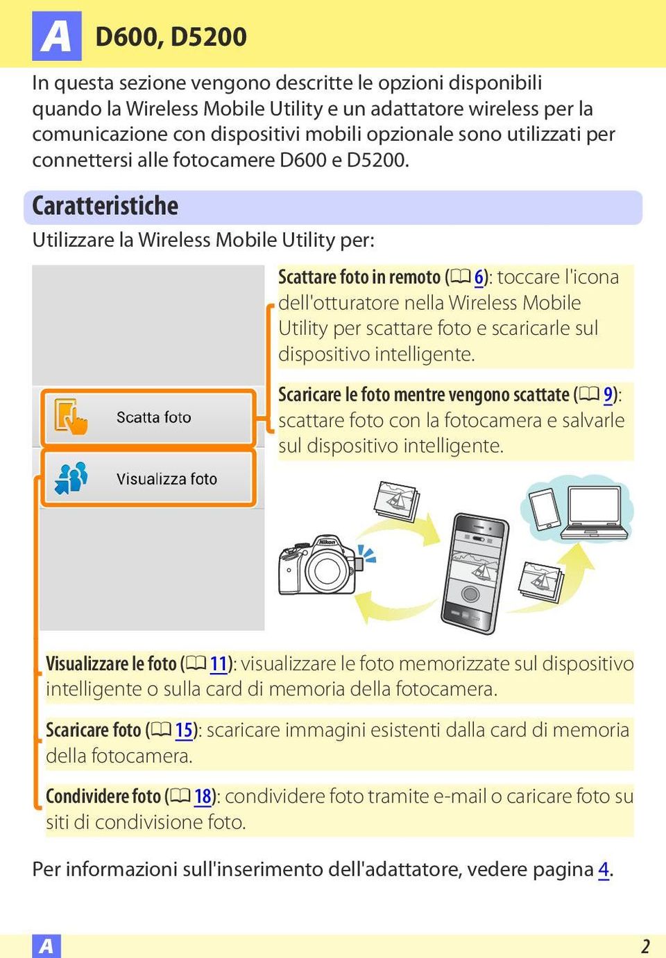 Caratteristiche Utilizzare la Wireless Mobile Utility per: Scattare foto in remoto (0 6): toccare l'icona dell'otturatore nella Wireless Mobile Utility per scattare foto e scaricarle sul dispositivo