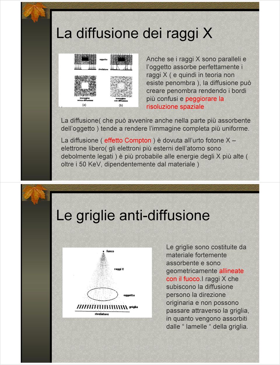 La diffusione ( effetto Compton ) è dovuta all urto fotone X elettrone libero( gli elettroni più esterni dell atomo sono debolmente legati ) è più probabile alle energie degli X più alte ( oltre i 50