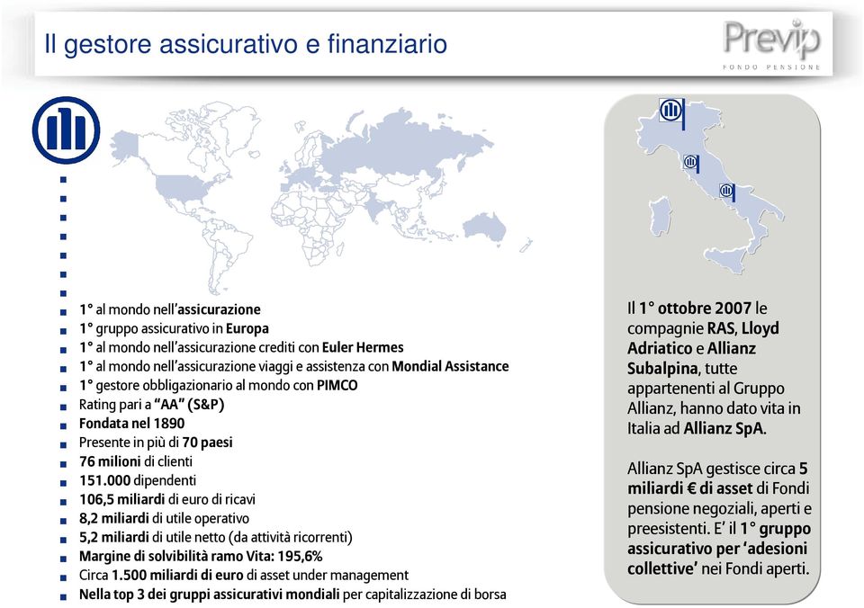 Assistance 1 gestore obbligazionario al mondo con PIMCO Rating pari a AA (S&P) Fondata nel 1890 Presente in più di 70 paesi 76 milioni di clienti 151.