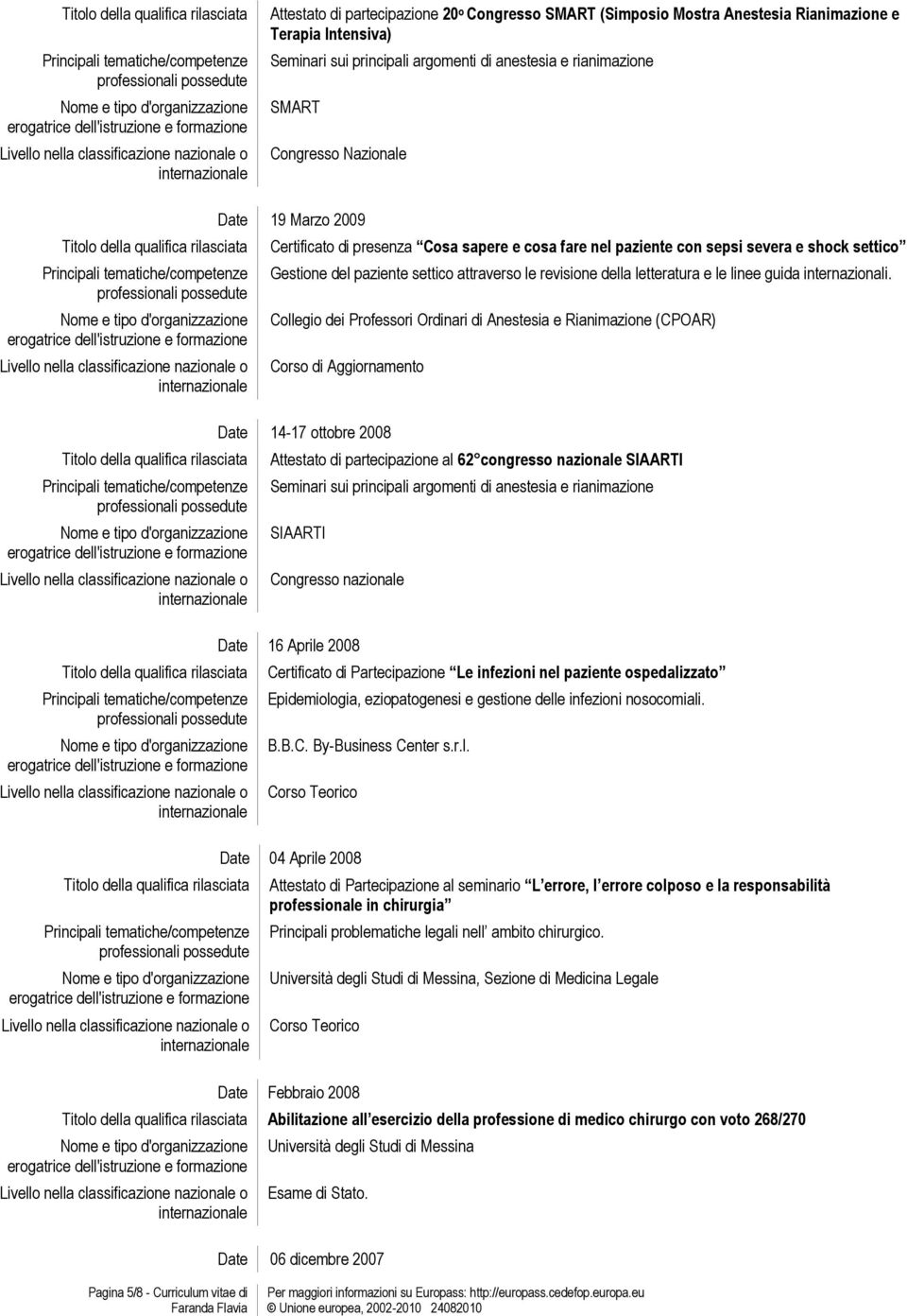 Collegio dei Professori Ordinari di Anestesia e Rianimazione (CPOAR) Corso di Aggiornamento Date 14-17 ottobre 2008 Attestato di partecipazione al 62 congresso nazionale SIAARTI SIAARTI Congresso