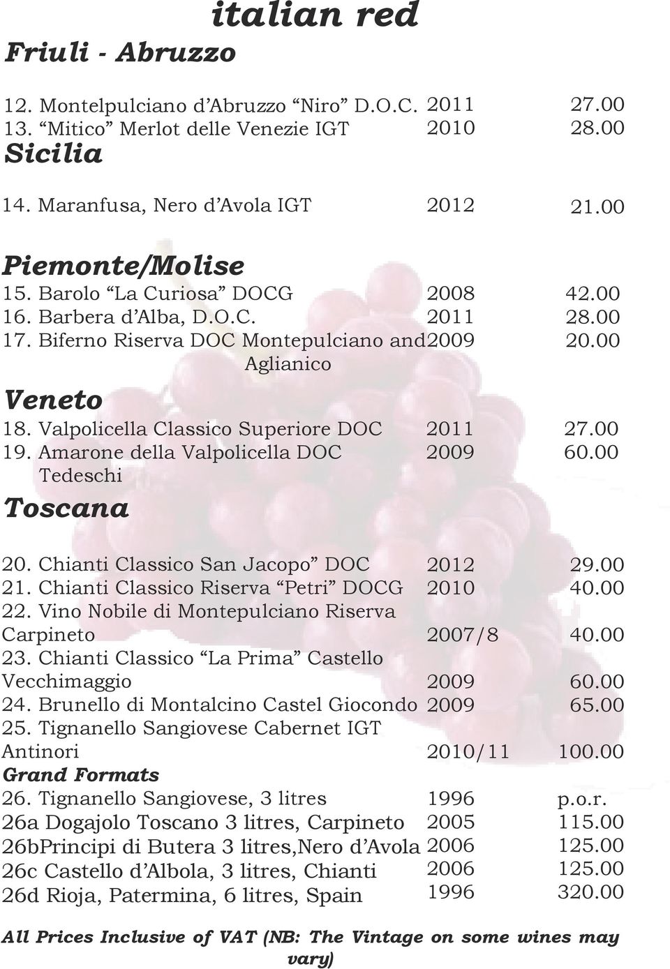 Amarone della Valpolicella DOC Tedeschi Toscana 20. Chianti Classico San Jacopo DOC 21. Chianti Classico Riserva Petri DOCG 22. Vino Nobile di Montepulciano Riserva Carpineto 23.