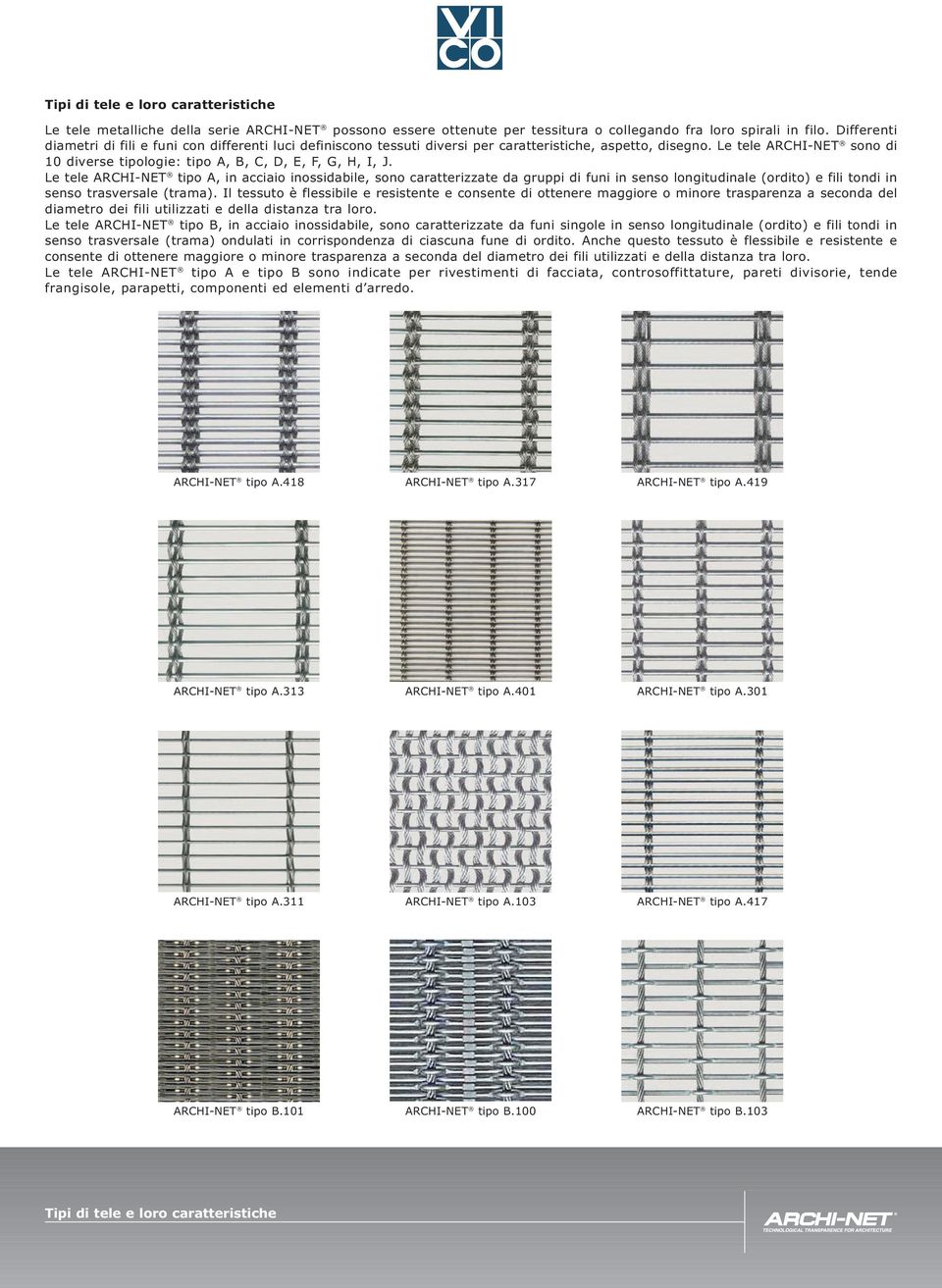 Le tele ARCHI-NET sono di 10 diverse tipologie: tipo A, B, C, D, E, F, G, H, I, J.