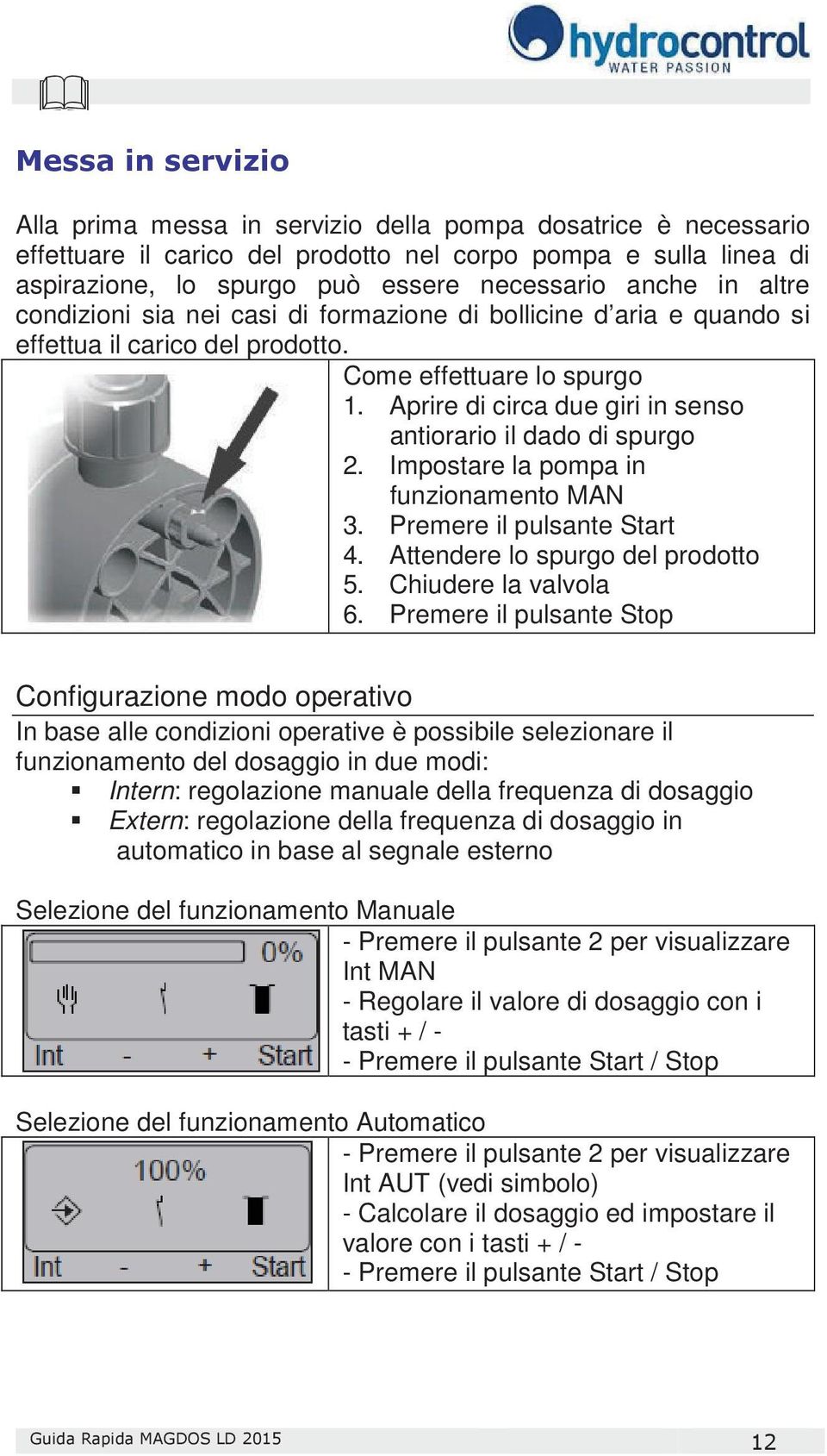 Impostare la pompa in funzionamento MAN 3. Premere il pulsante Start 4. Attendere lo spurgo del prodotto 5. Chiudere la valvola 6.