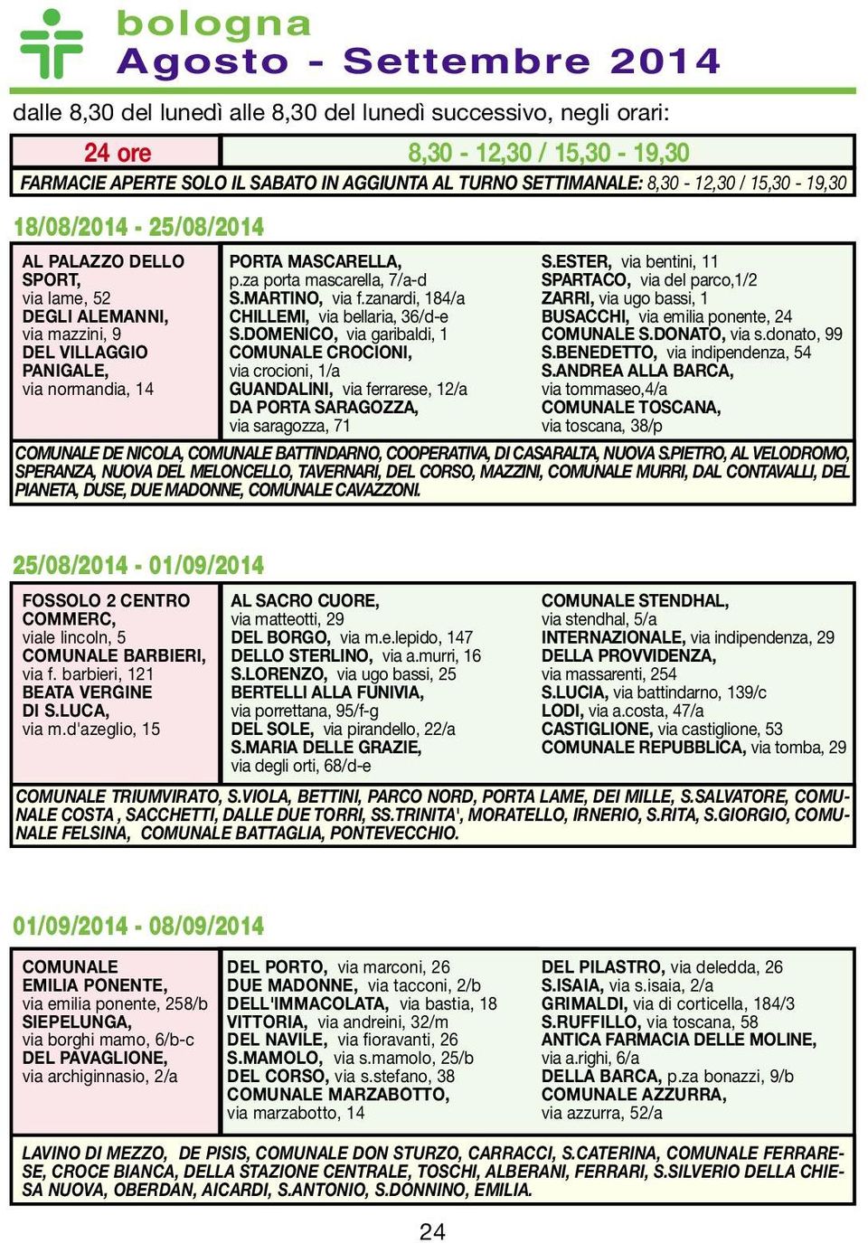 DOMENICO, via garibaldi, 1 CROCIONI, via crocioni, 1/a GUANDALINI, via ferrarese, 12/a DA PORTA SARAGOZZA, via saragozza, 71 S.