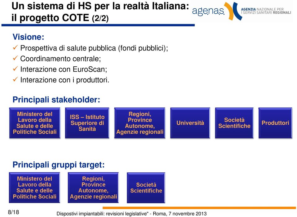 Principali stakeholder: Ministero del Lavoro della Salute e delle Politiche Sociali ISS Istituto Superiore di Sanità Regioni,