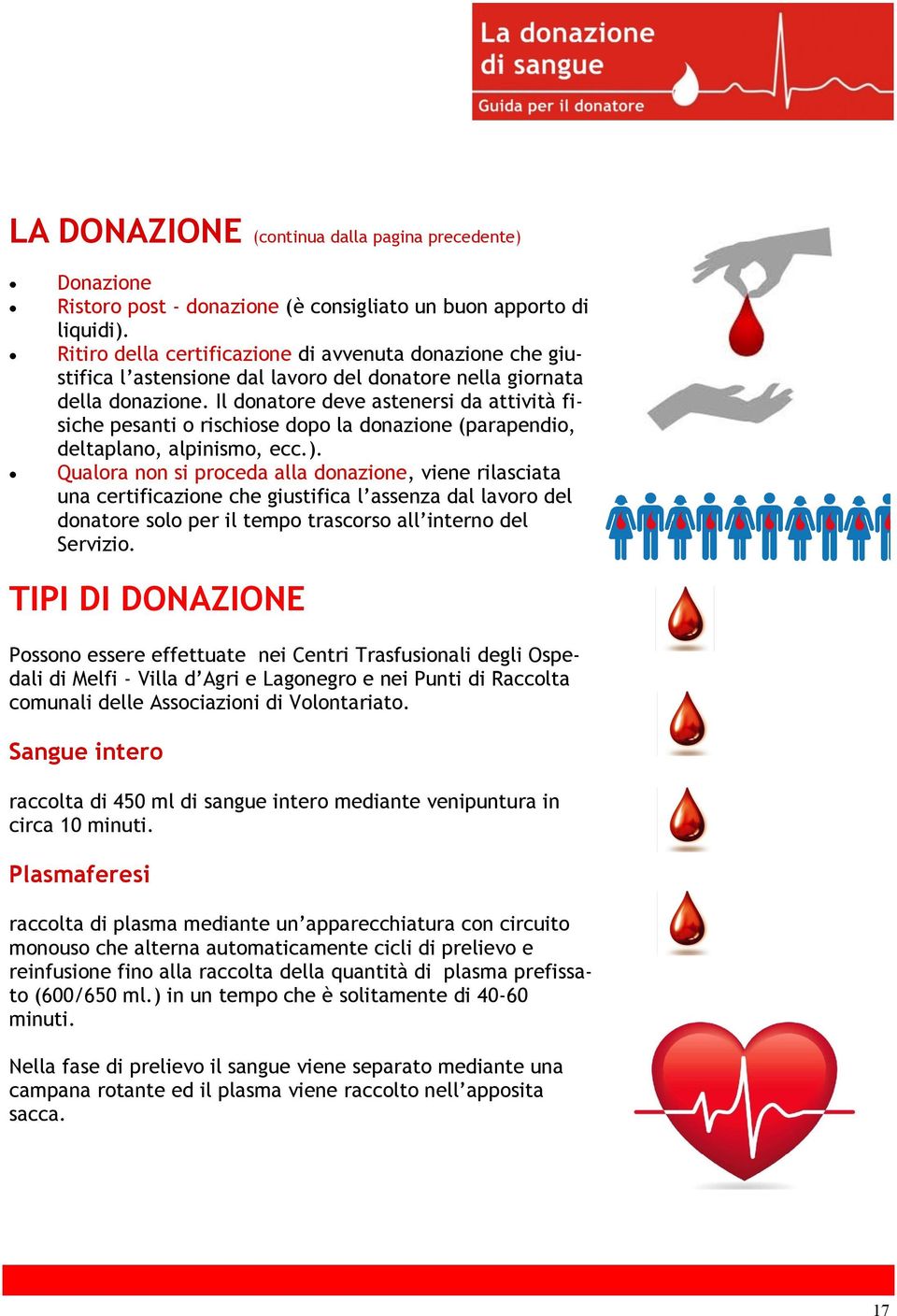 Il donatore deve astenersi da attività fisiche pesanti o rischiose dopo la donazione (parapendio, deltaplano, alpinismo, ecc.).