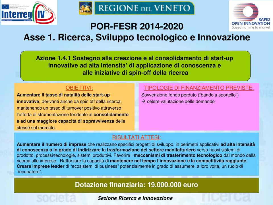 1 Sostegno alla creazione e al consolidamento di start-up innovative ad alta intensita di applicazione di conoscenza e alle iniziative di spin-off della ricerca OBIETTIVI: Aumentare il tasso di