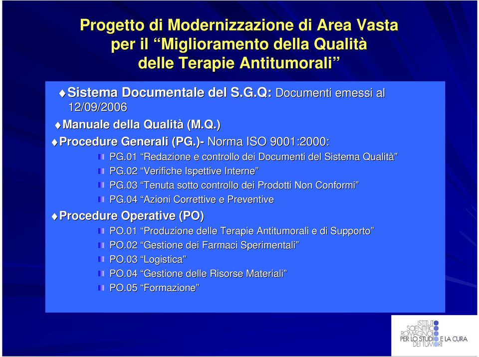 01 Redazione e controllo dei Documenti del Sistema Qualità PG.02 Verifiche Ispettive Interne PG.03 Tenuta sotto controllo dei Prodotti Non Conformi PG.