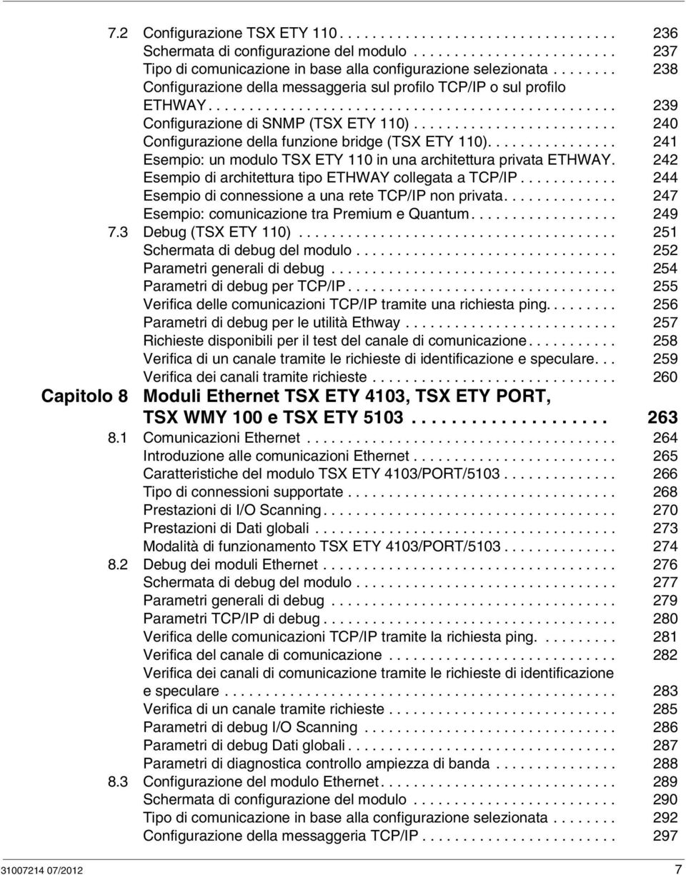 ........................ 240 Configurazione della funzione bridge (TSX ETY 110)................ 241 Esempio: un modulo TSX ETY 110 in una architettura privata ETHWAY.