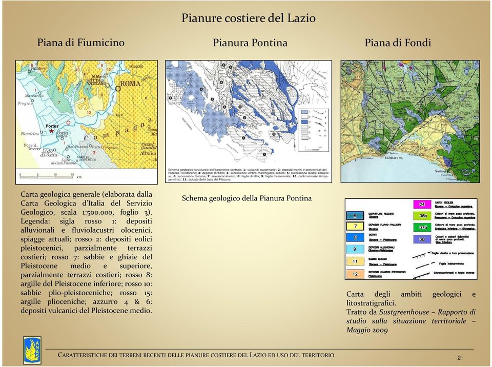 Pleistocene medio e superiore, parzialmente terrazzi costieri; rosso 8: argille del Pleistocene inferiore; rosso 10: sabbie plio-pleistoceniche; rosso 15: argille plioceniche; azzurro 4 & 6: