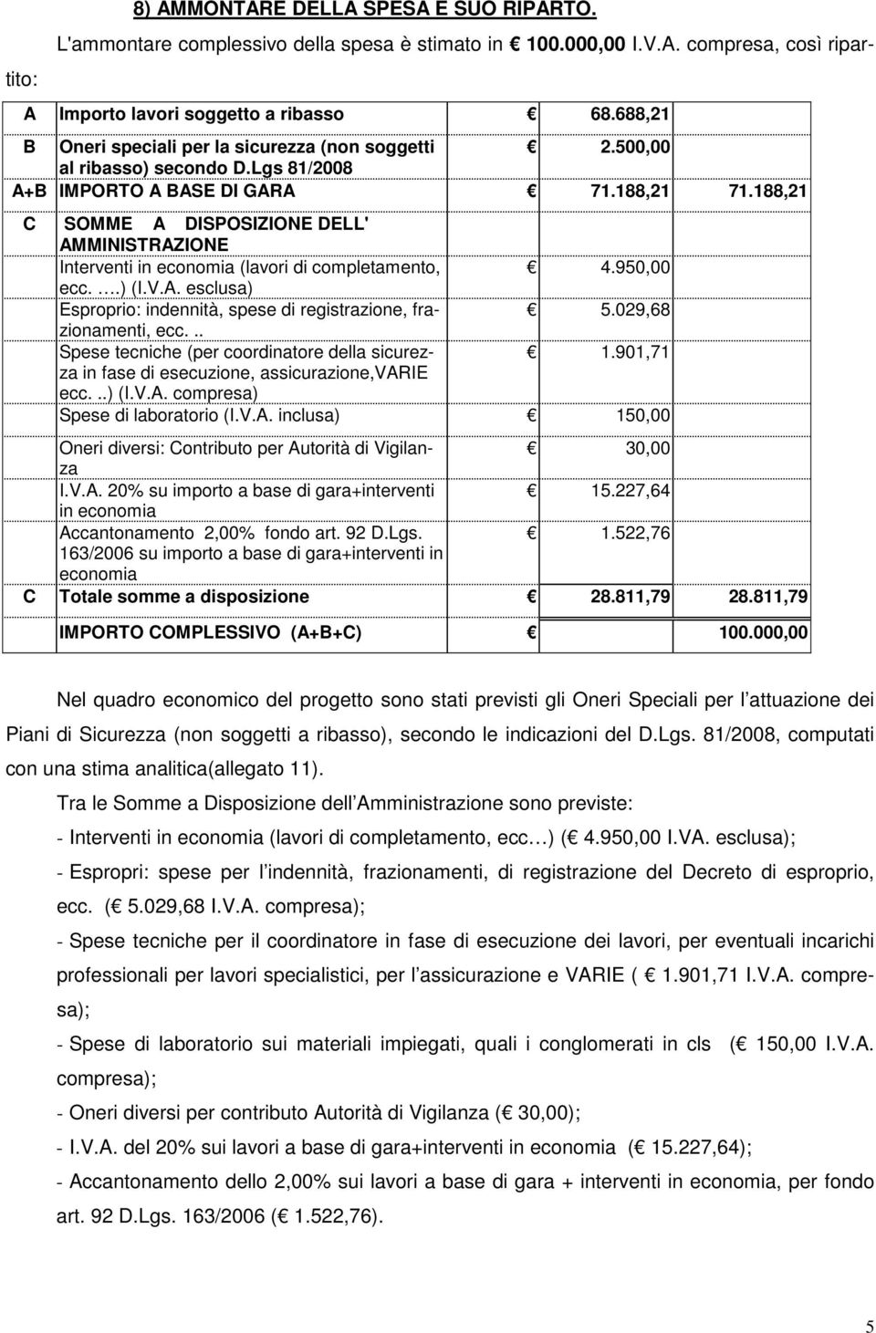 188,21 C SOMME A DISPOSIZIONE DELL' AMMINISTRAZIONE Interventi in economia (lavori di completamento, 4.950,00 ecc..) (I.V.A. esclusa) Esproprio: indennità, spese di registrazione, frazionamenti, 5.