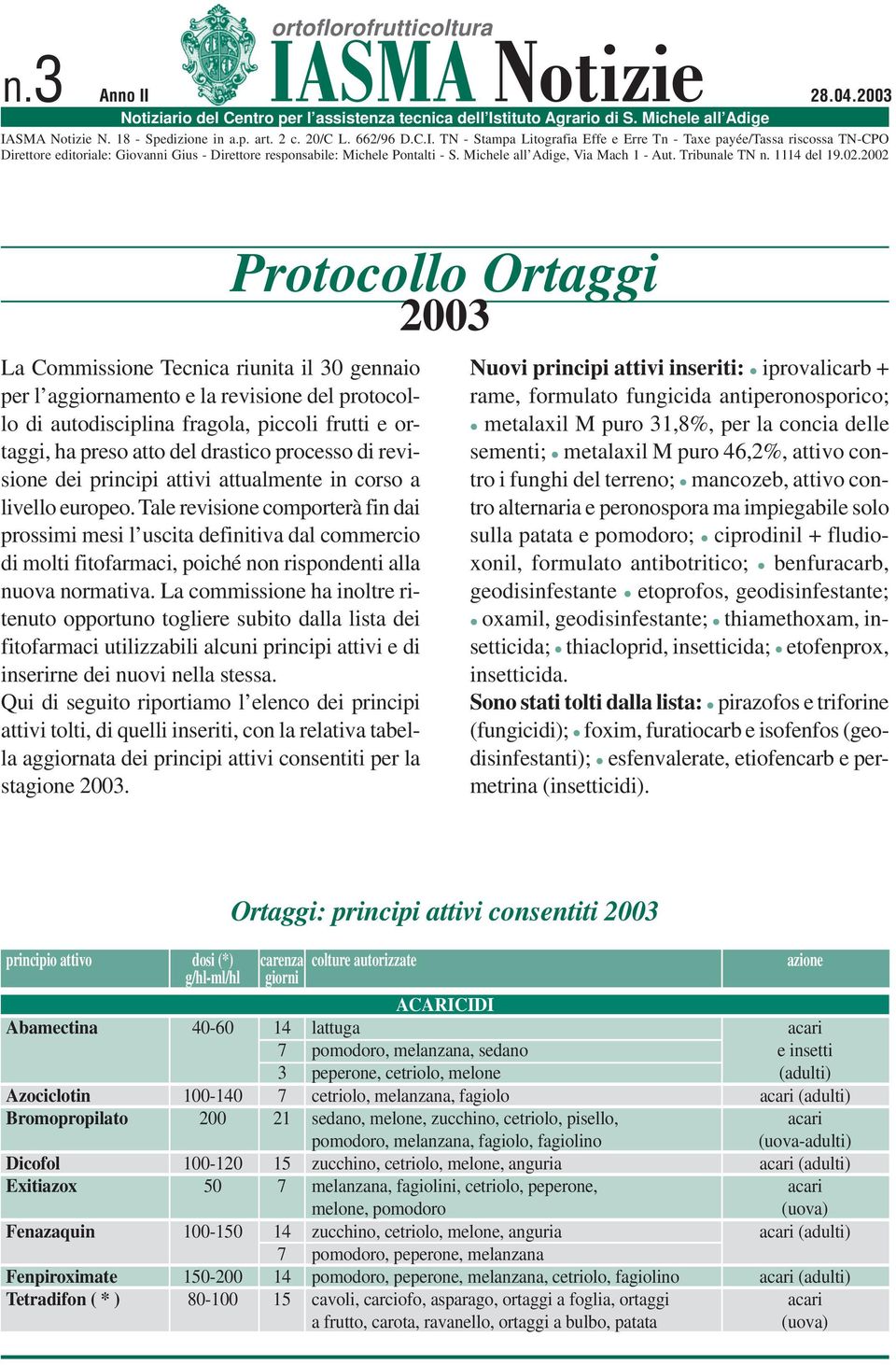 TN - Stampa Litografia Effe e Erre Tn - Taxe payée/tassa riscossa TN-CPO Direttore editoriale: Giovanni Gius - Direttore responsabile: Michele Pontalti - S. Michele all Adige, Via Mach 1 - Aut.