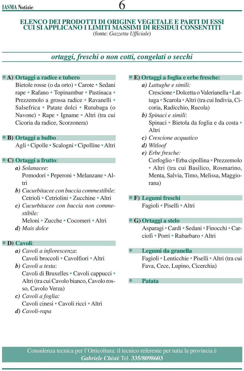 Igname Altri (tra cui Cicoria da radice, Scorzonera) B) Ortaggi a bulbo Agli Cipolle Scalogni Cipolline Altri C) Ortaggi a frutto: a) Solanacee: Pomodori Peperoni Melanzane Altri b) Cucurbitacee con