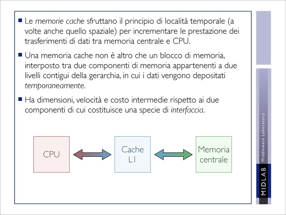 Una memoria cache non è altro che un blocco di memoria, interposto tra due componenti di memoria appartenenti a due livelli